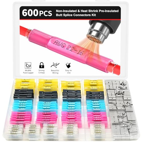 BAALA 600 PCS Butt Connectors Kit: 26-10 Gauge Crimp Butt Splices Wire Connectors 242 Heat Shrink Butt Connectors Marine-Grade Waterproof and 358 Non-Insulated Butt Connector Crimp Butt Splices