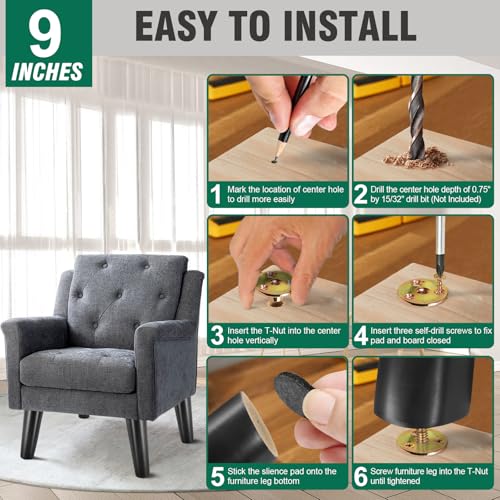 FoDau770 Rubber Wood Legs 9", Slant Taper, 5/16"-18 Thread, Black, 4pcs | Wood Couch legs - Mid Century Sofa Legs - Furniture legs Replacement for Cabinet Dresser Chair Ottoman - color: Black, size: 9 Inch - Slanted (80°)