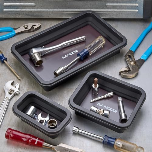Collapsible Magnetic Parts Tray Set - 3 Different Size Tool Trays - Black - color: Black