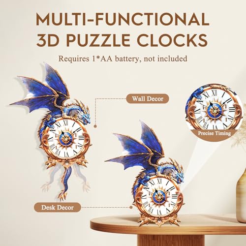 3D Wooden Puzzles for Adults-Blue Dragon Clock Puzzle-Adult Crafts - color: Blue Dragon Clock