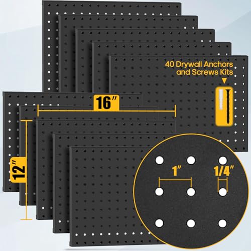 PBHEPJ 10 Pcs Metal Pegboard Panels, 16"x12" Heavy Duty Peg Boards for Garage and Garden Tool Storage, Includes Drywall Anchors and Screws Kits, Black