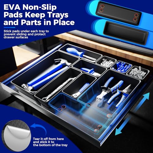 70 PCS Tool Box Organizer Tray & Desk Drawer Organizer Set, 5 Size Interlocking Bins for Garage Tool Storage, Mechanic Tool Chest, Rolling Cart, Workbench Drawers with EVA Non Slip Pads - color: 70PCS_5SIZE_Black