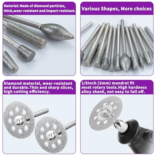 Diamond Grinding Bit Set for Dremel, Rotary Tool Grinding Cutting Wheel 1/8” Shank for Stone Glass Tile Jewelry Engraving Rock Etching Masonry Carving Metal Wood - 32Pc - style: Style 2