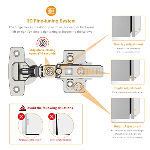 Chibery 10 Pack Frameless Half Overlay Soft Close Concealed European Hinges, Self Closing Satin Nickel, 105 ° Open Angle 4D Adjustment, Speed Control, Clip On, Stainless Steel for Cabinet Door - size: Half Overlay