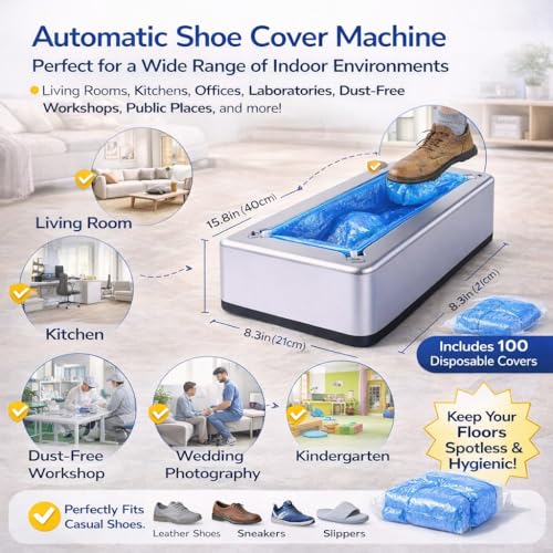 Hands-Free Automatic Shoe Cover Dispenser with 100 Disposable Covers, Heavy Duty Non-Electric Design, Fits Most Shoe Sizes for Home, Office, Clinic & Workshop