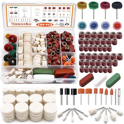 185Pcs Polishing Buffing Wheel Kit, Felt Wool Pad Set, Rotary Accessories with Sanding Drum, Polishing Compound, Grinding Head, 1/8" Shank for Jewelry Metal Polishing, Compatible with Dremel - color: 185pcs-10 Styles