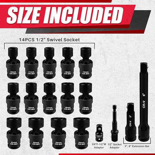 18PCS 1/2" Drive Shallow Universal Impact Socket Set,Swivel Socket Set,Metric Flexible Wobble Sockets, CR-MO,10-24mm, 3", 6" Extension Bar, Adapter,6 Point - size: 18 PCS (3/8"-1")
