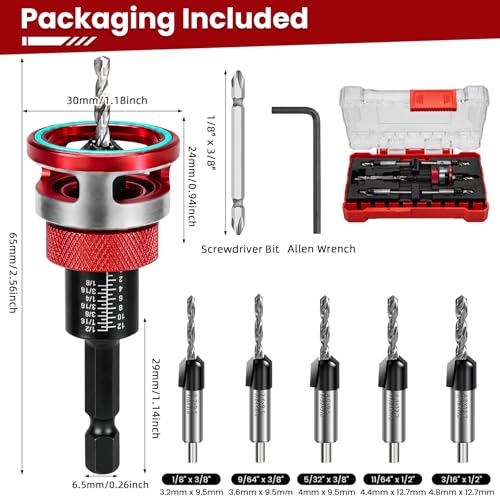 Countersink Drill Bit Set with Depth Stop, 5 PCS TCT Cutters & HSS Bits