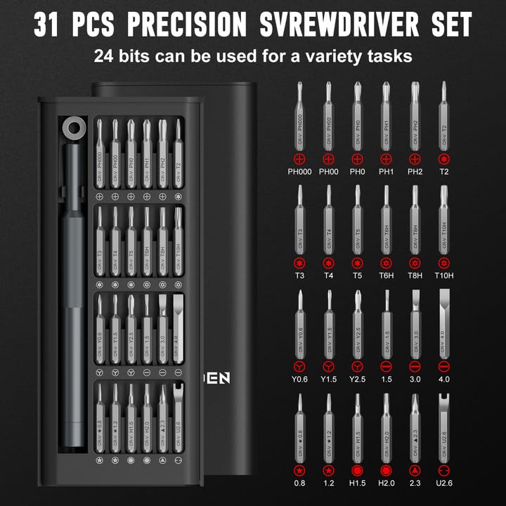 SHARDEN Precision Screwdriver Set for Electronic Repair 31 in 1 | Small Screwdriver Set, Magnetic Repair Tool Kit for Laptop, iPhone, Cell Phone, PC, MacBook, Computer, PS5, Glasses, Watch - color: 31 in 1 Black