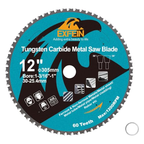 12 Inch 60T Metal Circular Saw Blade - EXFEIN Tungsten Carbide Tipped Saw Blade Arbor 1-3/16" for Metal Sheet or Pipe, Angle Iron, Rebar, Ferrous Metals, Non-Ferrous Metals - size: 12"