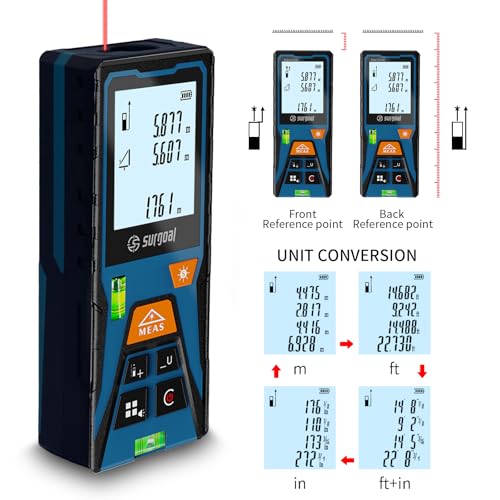 Laser Distance Measure Backlit LCD with Bubble Levels Enhanced-Bright 196FT - color: Red 196FT