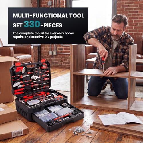 DUMOS 330-Piece Complete Homeowners Tool Box Set,Small Tool Kit for Home - color: Black Red, size: 15.6
