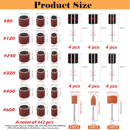 442 Pieces Sanding Drums Kit for Most Rotary Tools,Drum Sander Sleeves 376pcs (80 120 240 320 400 600Grit),24Pcs Drum Mandrels and 42 Sanding Bits,Sanding Bits Tool Accessories with Box - size: 442PCS
