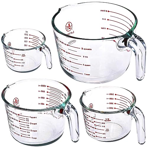 Le’raze Glass Measuring Cups Set of 4 – Heat-Resistant, Easy-Read Measurements, Ergonomic Handle & Pour Spout, Dishwasher Safe, Kitchen Bakeware Liquid Batter Mixing Bowls (1 cup, 2 cup, 4 cup, 8 Cup)