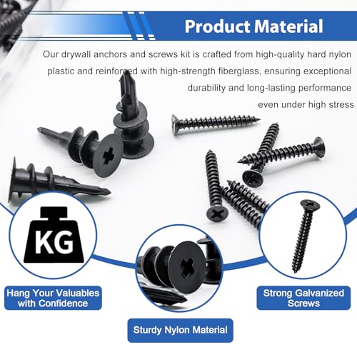 smseace 151Pcs Black Self Drilling Drywall Anchors with Screws Kit, 75Pcs #8 Self-Tapping Screw, 75Pcs Drywall Anchor, 1Pcs Drill bit Holds Upto 75lbs - color: Black