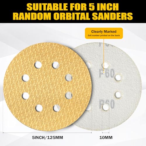 130Pcs 5 Inch 8-Hole Hook&Loop Sanding Discs, 220 Grit Diamond Yellow Sand, Dust-Free/Wear-Resistant, Latex Paper Base (No Fray), 135G Backing for Wood/Metal/Auto, DIY & Pros - style: 5inch-8Hole