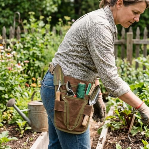 Gardening Tool Pouch for Waist, Hands-Free Canvas Tool Belt with 6 Pockets – Adjustable Waist Apron for Gradenging Tools (Gardening Tools NOT Included)-(Brown) - color: Brown