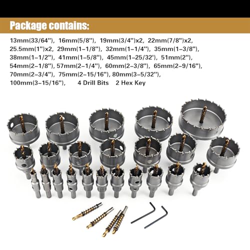 27PCS Hole Saw Kit with Drill Bits,33/64''to 3-15/16''Carbide Hole Saw Kit for Hard Metal,Alloy,Aluminum,Stainless Steel,Plastic,Iron - size: 33/64''to 3-15/16'' (27PCS)