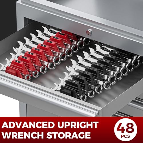 PINOZE 48PCS Magnetic Modular Wrench Organizers for Tool Drawers - Black & Red - Wrench Rack with Metric & SAE Labels, Customizable Magnet Tool Storage Holder for Tool Box Organization