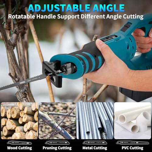 Cordless Rotated Handle Reciprocating Saw, 2 x 6.0Ah Battery, 12Pcs Blades, 28MM Stroke, 180° Cutting Angle, Wood/Metal/PVC