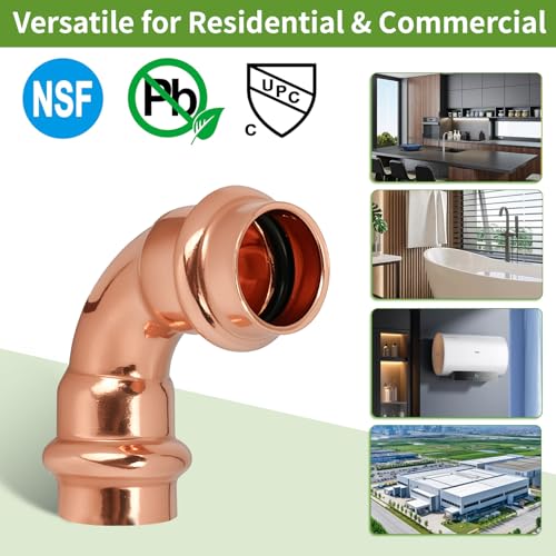 1/2 Inch Copper Press Elbow – 90° PxP Plumbing Fitting, Lead-Free Copper/Brass, 1/2'' Press Fittings, Compatible with Copper Pipe, Potable Water, Press Fitting Connector – 10 Pack - size: 1/2" copper press elbow-10P