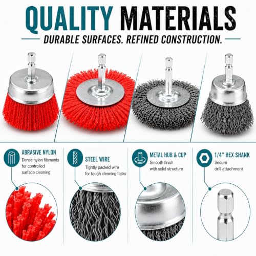 9-Piece Drill Brush Set, 6 Abrasive Nylon Brushes & 3 Wire Brushes for Drill, Wheel Cup and End Brushes with 1/4 Inch Hex Shank for Rust Removal, Paint Stripping and Surface Preparation