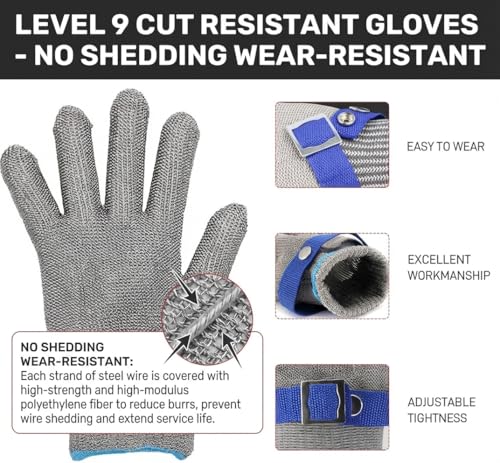 ANSI A9 Cut Resistant Glove,Stainless Steel Mesh Metal Glove,Food Grade for Kitchen Cooking, Butcher Meat Cutting, Oyster Shucking, Mandoline, Fishing,L,1pcs - size: Large (Pack of 1), style: Steel Wire+hppe