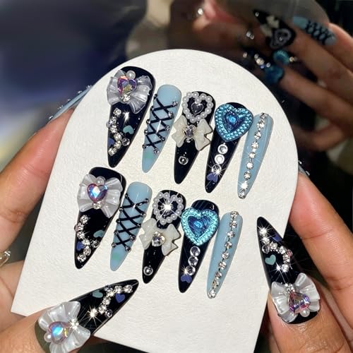 3D Black Press on Nails Almond - Long Tip Fake Nails with Embossed Heart-shaped Bow&White Bead Designs, Glossy Finish Reusable False Nails for Women Manicure(3D Embossed design 26） - color: 3D Embossed design 26