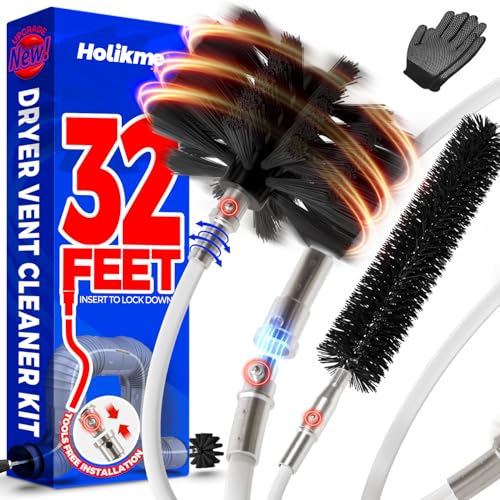 Holikme 32 Feet Dryer Vent Cleaner Kit, Upgrade Flexible Lint Brush with Drill Attachment, Extends Up to 32 Feet for Easy Cleaning,Use with or Without a Power Drill - size: 32feet