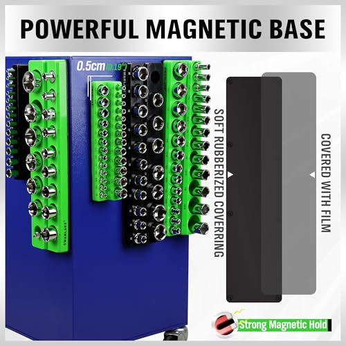Magnetic Socket Organizer Set, 6-piece 1/4", 3/8", 1/2" SAE & Metric Sockets Holder, Drive Socket Trays, Storage Tool Box, Holding 143 Slots, Soft Rubber Covering Black Green Tools - style: 6PCS Green/Black