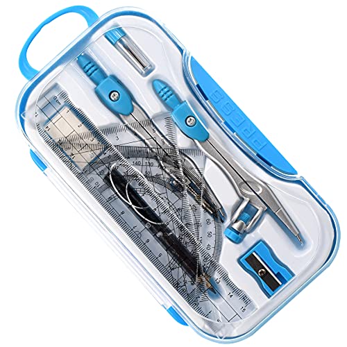 Unjoo Geometry Set 10 Pcs Student Supplies, Protractor and Compass (Blue） - color: Blue