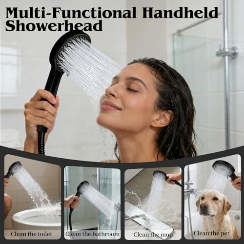 12 Inch Shower Head, Rain Shower Head with Adustable Extension Arm, Detachable Matte Black Rina Shower Head with Handheld Spray, High Pressure Shower Hose with Holder in Bathroom(Black) - color: Black, size: 12 Inch