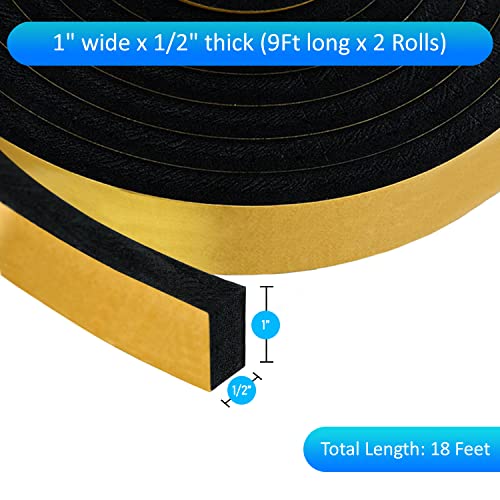 High Density Foam Weather Stripping Door Seal Strip Insulation Tape Roll for Insulating Door Frame, Window, Air Conditioner | Self Adhesive Sealing Weatherstrip (Black, 1 in x 1/2 in x 18 Ft) - color: Black, size: 1 In x 1/2 In x 18 Ft