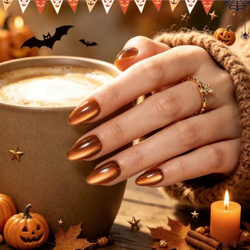 Beetles Cat Eye Press On Nails Short Almond, 32PCS, Pumpkin Spice Halloween - color: 3A - Burnt Caramel - S
