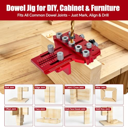 Dowel Jig Kit with Position Stop & Clamp, Full-Featured Doweling Jig | Self Centering Doweling Jig for 1/4",3/8",1/2" Drill Bits, Exact Straight Holes in Any Thickness Wood for Furniture, Cabinet