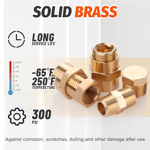 60Pcs Brass Pipe Fittings Assortment Kit,1/8" 1/4" 3/8" 1/2" NPT | Reducer Bushing,Hex Nipple,Reducing Hex Coupling,Hex Heand Plug,End Cap and Socket Plug Fitting Kit