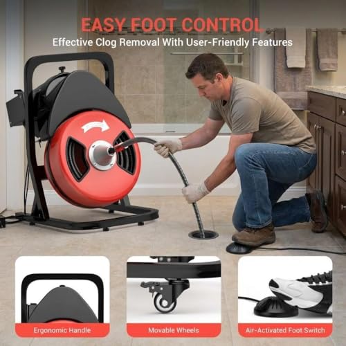 50ft x 1/2" Auto-Feed Drain Snake Cleaning Machine - 450W Electric Sewer Auger with 4 Cutters & Wheels for Sink, Toilet, Floor Drain