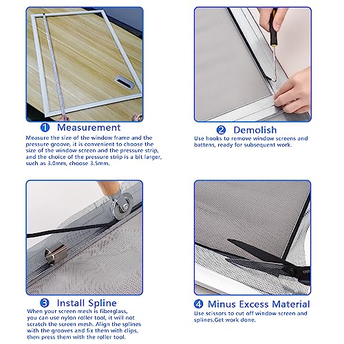 BAYTORY Window Screen Repair Kit, Steel Roller Tool with Bearing, Spline Removal Hook, 32ft Retainer Spline and 8pcs Screen Clips Replacement for Installing Door Mesh Screens BY0009G11