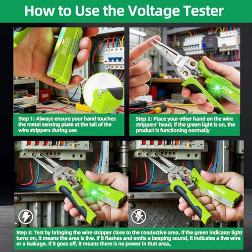 SEESE 8-in-1 Wire Stripper for Electrician: Needle Nose Pliers with Voltage Tester & Dual Alarms - Electrical Pliers for Cutting Wires, Pulling Wires and Crimp Wires