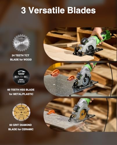 TaskStar Mini Circular Saw with Laser Guide: 4.8A 4000RPM Compact Corded Power Cutter, 4-1/2 in Electric Hand Tool with Rip Fence, 3 Blades for Wood, Soft Metal, Tile, Plastic Cutting