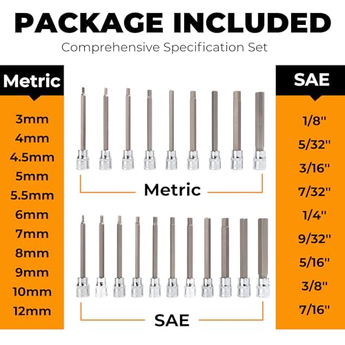 Mulwark 20PC 3/8" Drive Extra Long Allen Hex Bit Socket Set - Long Allen Socket Set contain Metric Allen Sockets 3mm - 12mm | SAE Hex Sockets 1/8'' - 7/16'' with Storage Case for Repair and Assembly - size: 20PCS Long Hex Socket Set