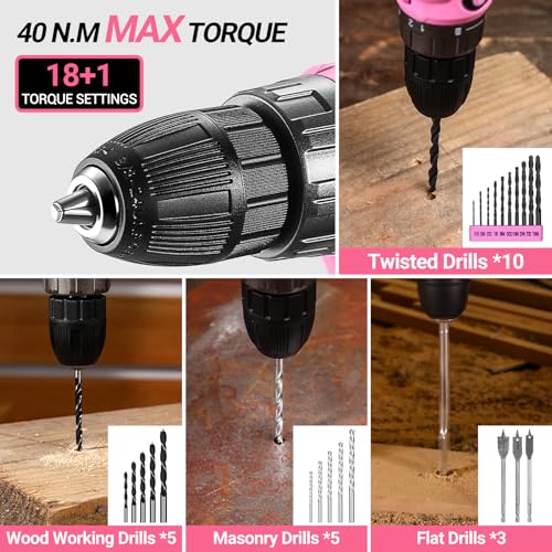 Pink Power Drill Tool Kit Set: 20V Cordless Electric Drill, Driver, Tool Box with Battery - color: Pink