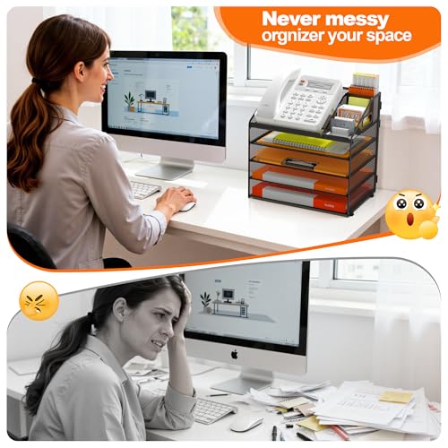 DocNest 5 Tier Metal Mesh Desk File Organizer with Phone Shelf, Black - color: Black, size: 12.6" x 9.1" x 13.3"
