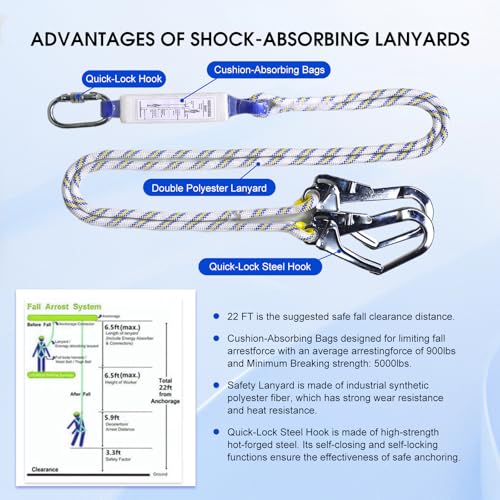 Fall Protection Premium Safety Harness with Shock Absorbing Lanyard, Vented & Padded Shoulder, Legs & Back - Upgrade 4 Quick Buckles (Blue) - color: Blue