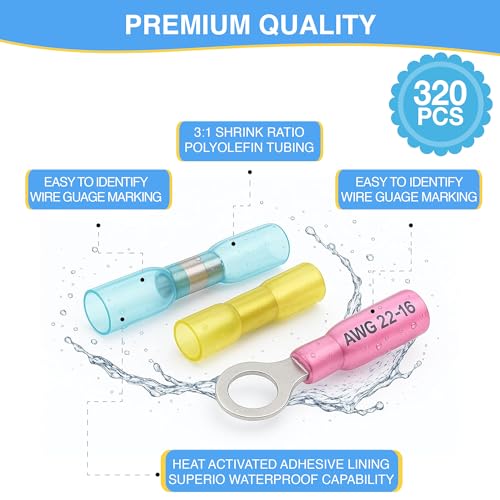 320 Pcs Heat Shrink Wire Connectors Kit, Waterproof Butt Connectors - size: Pack of 320
