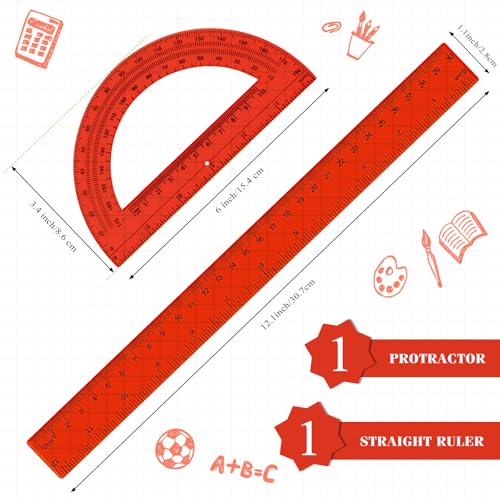 Zonon 2 Pcs 12 Inch Clear Ruler and 6 Inch Plastic Protractor Set, Red - color: Red