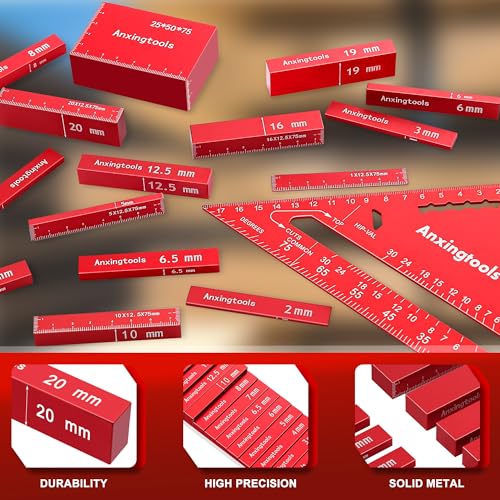Metric Setup Blocks Height Gauge Set, 15pcs Precision Aluminum Setup Bars Guage Block Set Include Aluminum Alloy Triangle Ruler for Router and Table Saw Accessories Woodworking Set Up