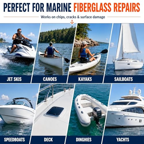 Marine Fiberglass Repair Kit for Boats, Gel Coat Repair Kit with Waterproof Epoxy Filler, Boat Fiberglass Repair Kit to Fix Holes, Chips, Deep Cracks & Scratches, White, Above-Waterline Use