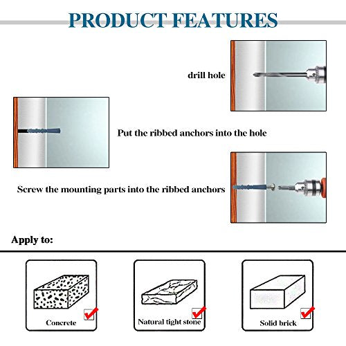 Glarks 220-Pieces Plastic Self Drilling Drywall Ribbed Anchors Hollow-Wall Anchor with Screws Assortment Kit for Drywall, Hollow-wall Hanging Wall Shelf or Blinds