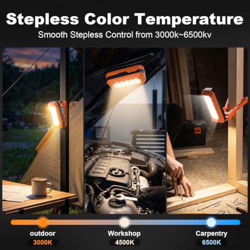 Rechargeable LED Work Light, 3000K-6500K CCT 500 Lumen, 40Hour Max, Adjustable 180° Stand IP54 Waterproof Portable Job Site Lighting for Auto Repair DIY Outdoor Camping, Gift for Man (Orange, 8, Watt)